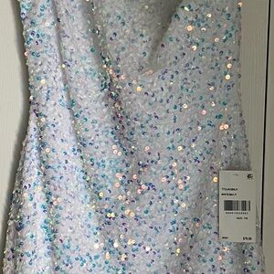 White and Blue Sequin One Shoulder Sheath Dress